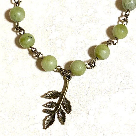 Natural Fern Green Serpentine Necklace, Bronze Leaf Branch + Genuine Gemstone - Picture 8 of 13